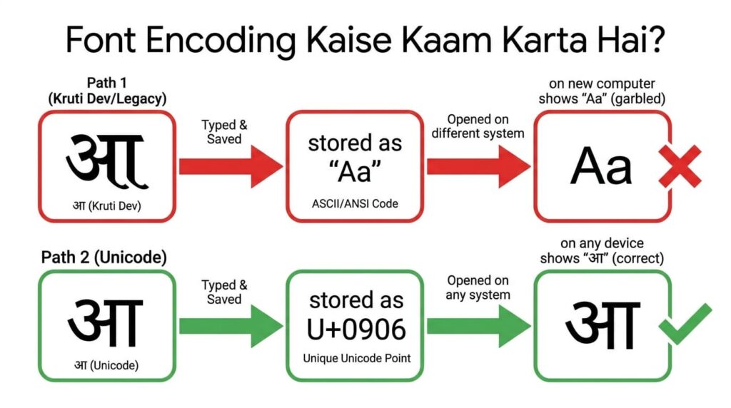 Kruti Dev encoding aur Unicode encoding ka difference — diagram se samjhein