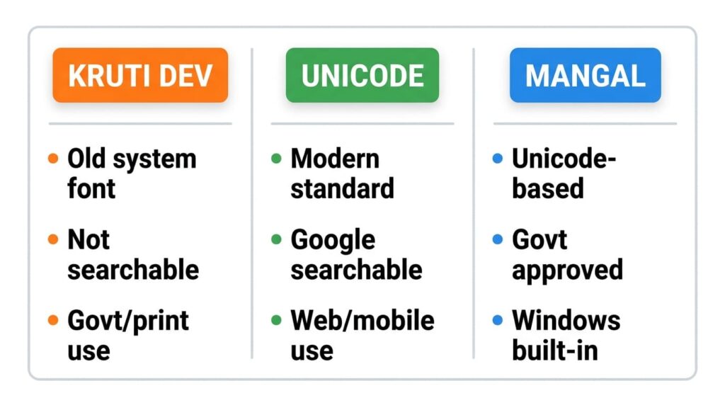 Kruti Dev vs Unicode vs Mangal font — teen fonts ka comparison chart Hindi mein